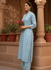 Women’s Light Blue Printed Straight Kurta